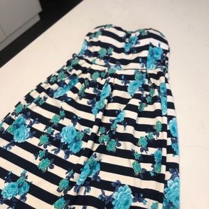 Long strapless white and blue beach dress.